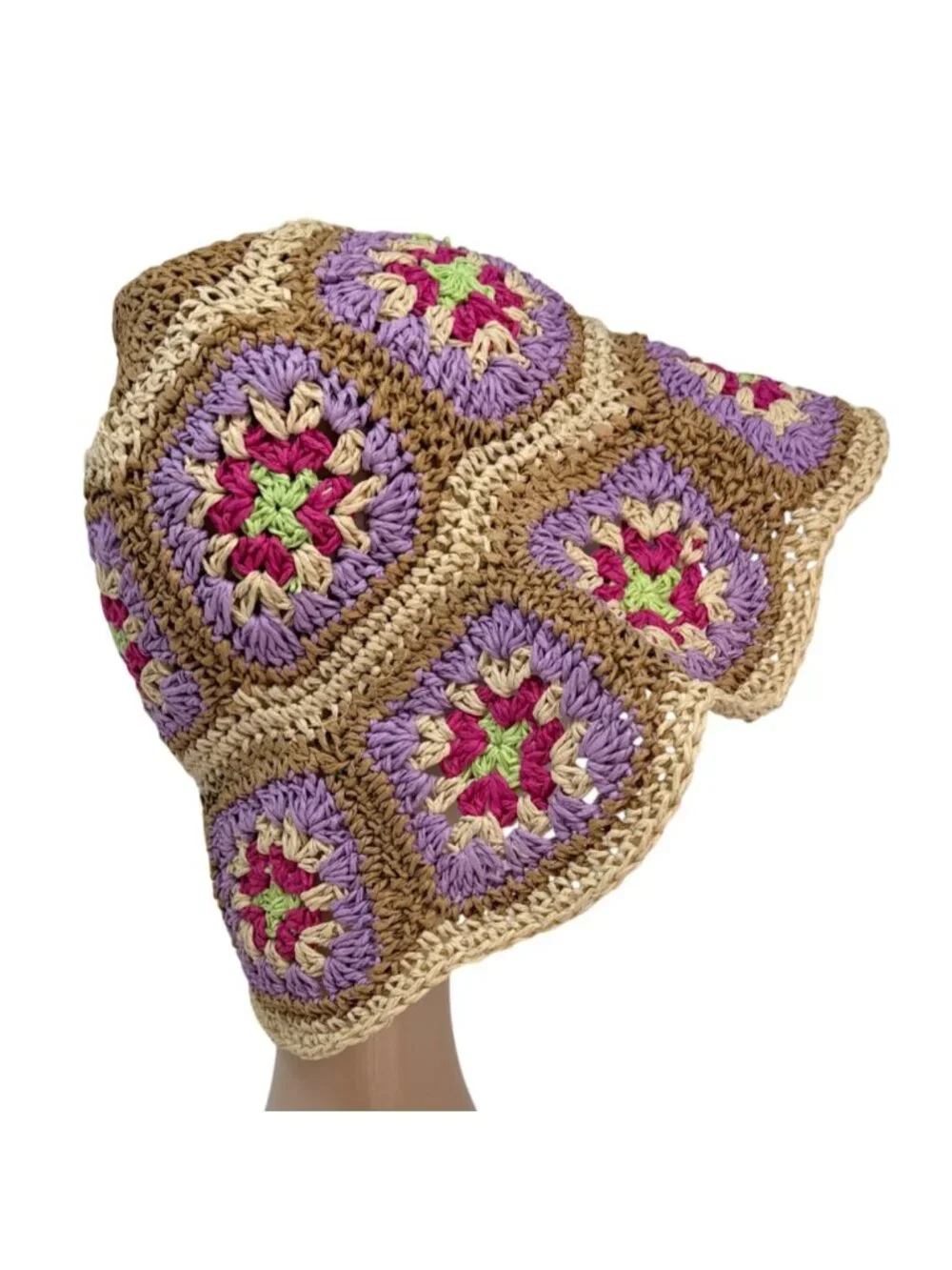 Vintage Crochet Straw Bucket Hat Granny Square‎ Pastel Boho 1990s